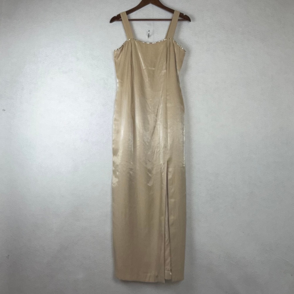 Metallic Gold Maxi Dress Women 10 Champagne Rhinestone Trim 90s Prom